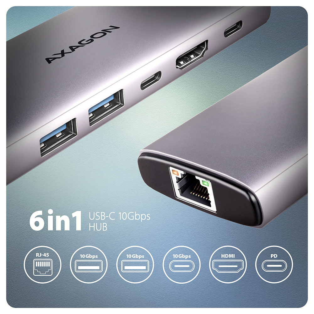 AXAGON HMC-6G2L Laptop Docks & Port Replicators - Aluminium