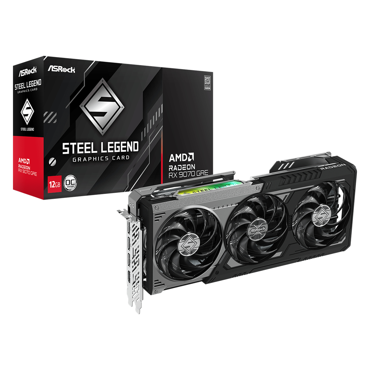 ASRock AMD Radeon RX 9070 GRE Steel Legend Dark OC 12GB GDDR6 Graphics Card 3072 Streams 2340MHz Core Clock Triple Fan 3x DisplayPorts / 1x HDMI Port