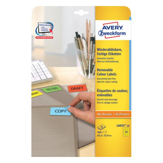 Avery L6035-20 Self-Adhesive Labels - Yellow