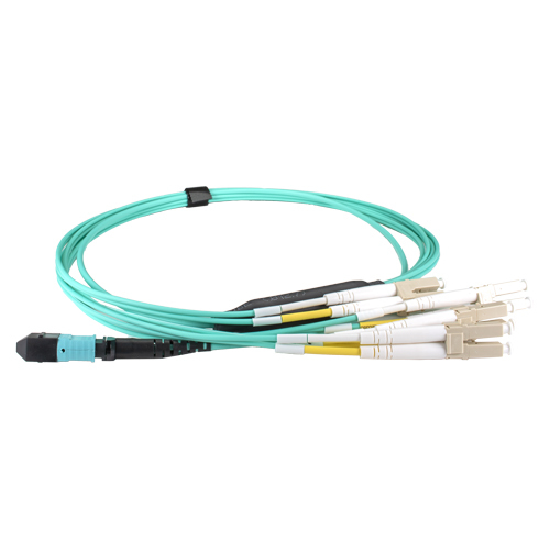 Cablenet 10m OM4 MPO (F) to 4X LC (DX) QSFP Breakout Aqua Cable Method B