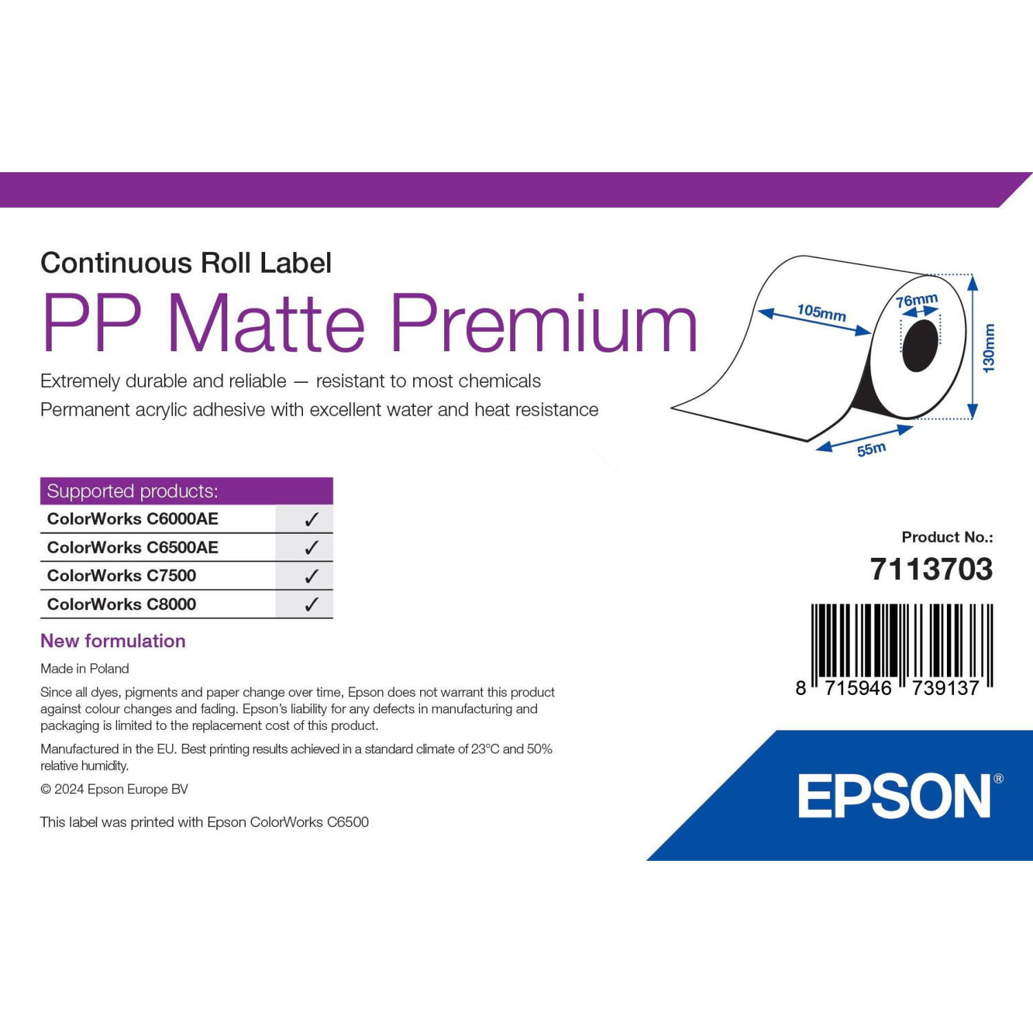 Epson 7113703 printer label White Self-adhesive printer label
