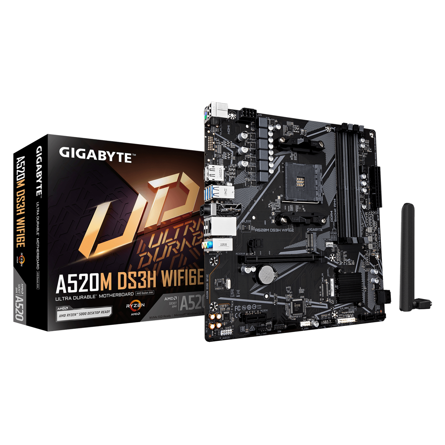 Gigabyte A520M DS3H WIFI6E AMD AM4 Socket Motherboard, Micro-ATX, 4x DDR4 Slots, 1x M.2 Socket, GbE LAN, Wi-Fi 6E, 1x DisplayPort / 1x HDMI Port