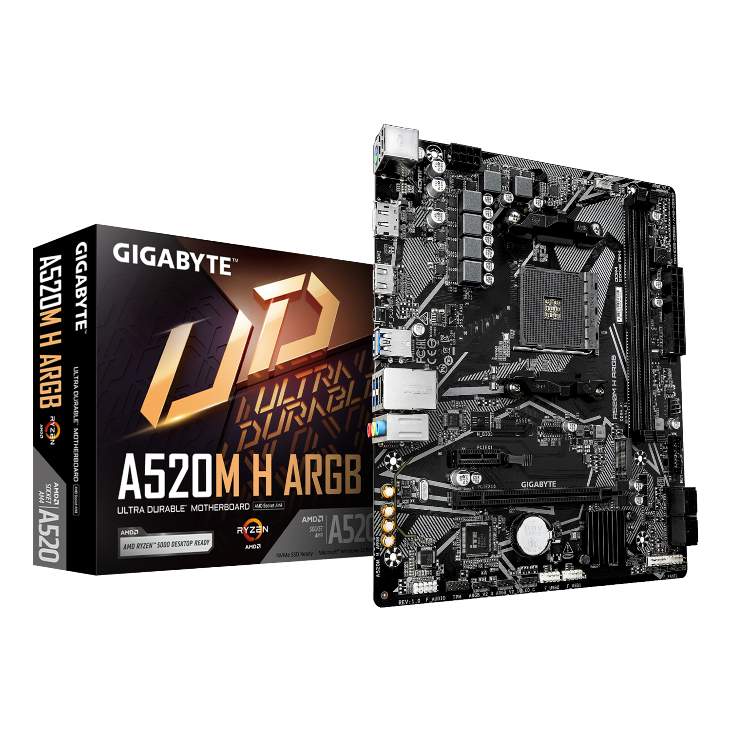 GIGABYTE A520M H ARGB Motherboard - Supports AMD Ryzen 5000 Series CPUs, up to 5100MHz DDR4 (OC), PCIe 3.0 x4 M.2, 1 GbE LAN, USB 3.2 Gen 1