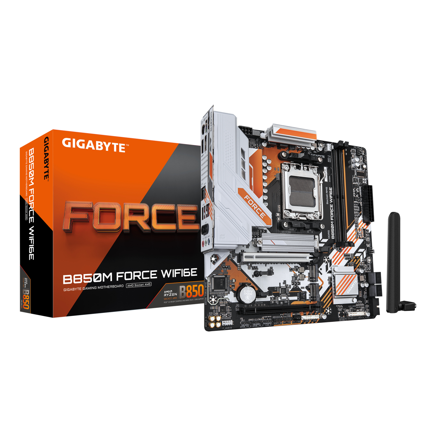Gigabyte B850M FORCE WIFI6E AMD AM5 Socket Motherboard, Micro-ATX, 2x DDR5 Slots, 3x M.2 Socket, Fitted I/O Shield, 2.5GbE LAN, Wi-Fi 6E, 1x DisplayPort / 1x HDMI Port