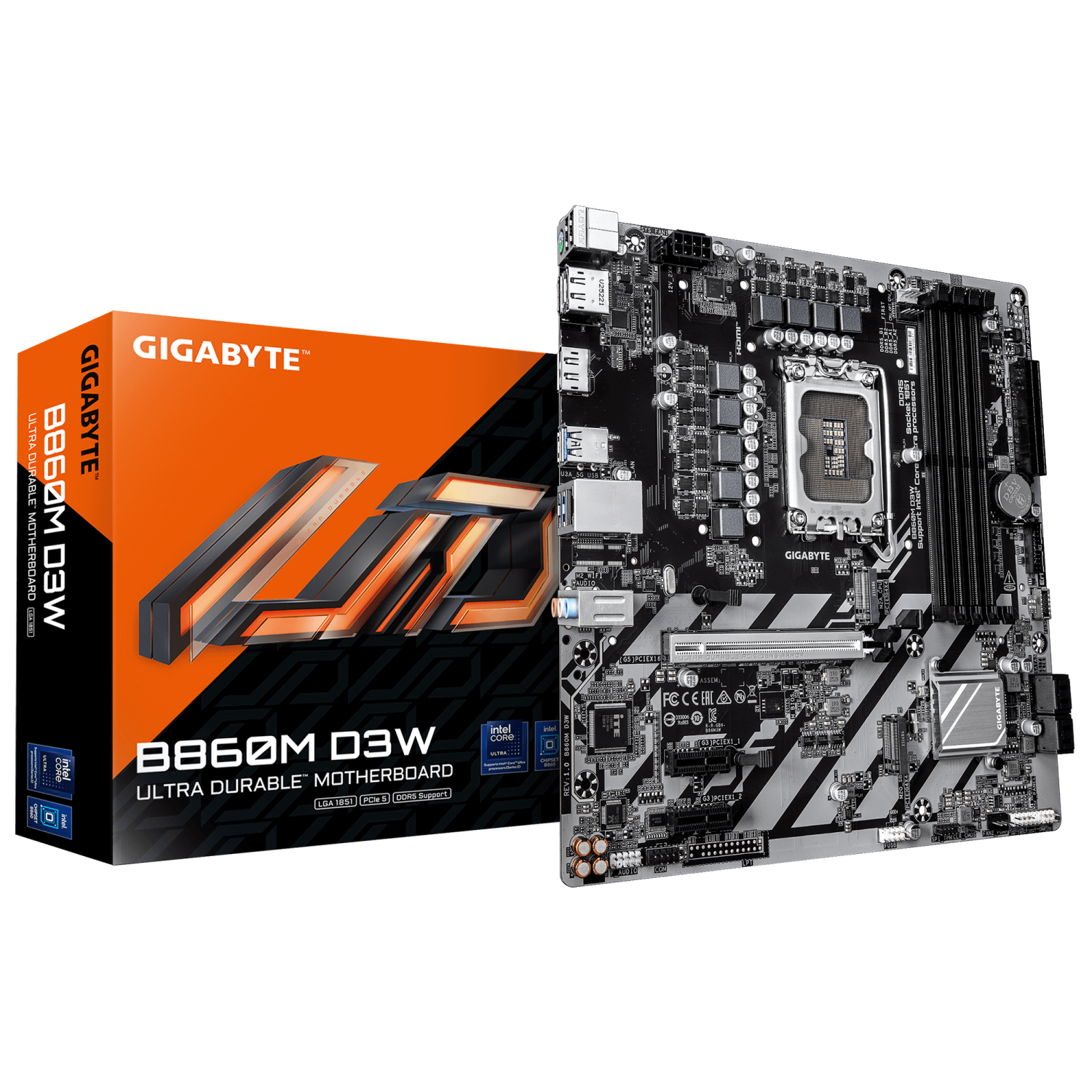 Gigabyte B860M D3W Intel 1851 Socket Motherboard Micro-ATX 4x DDR5 Slots 2x M.2 Sockets GbE LAN 2x DisplayPorts / 1x HDMI Port