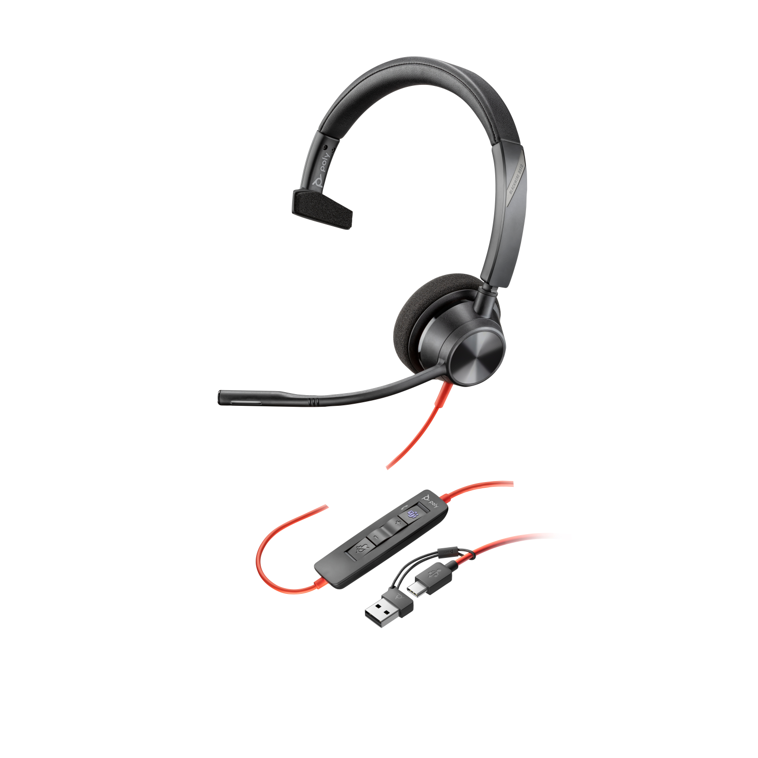 POLY Blackwire 3310 Monaural Microsoft Teams Certified USB-C Headset +USB-C/A Adapter