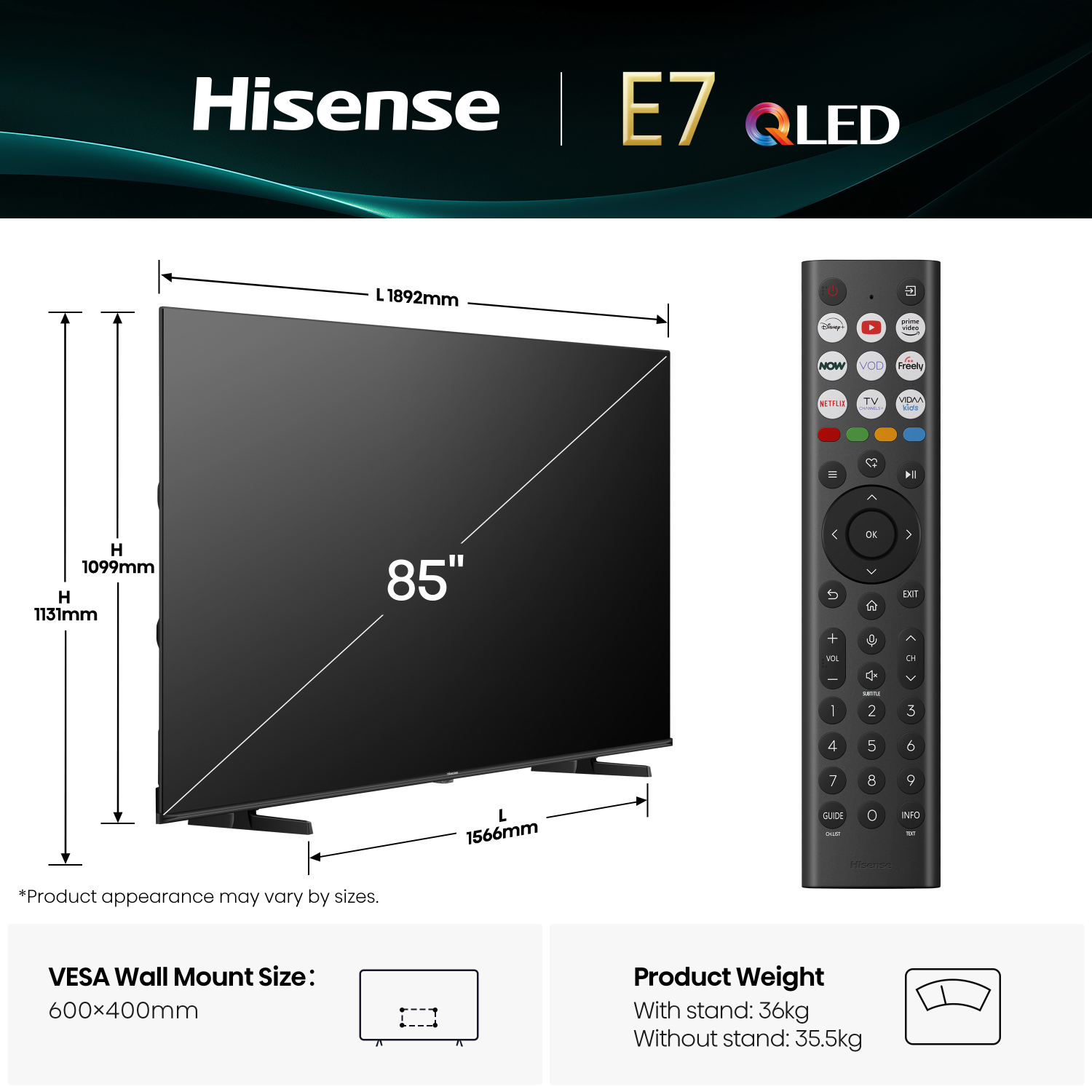 Hisense E7QTUK TVs - 85 Inches - Black
