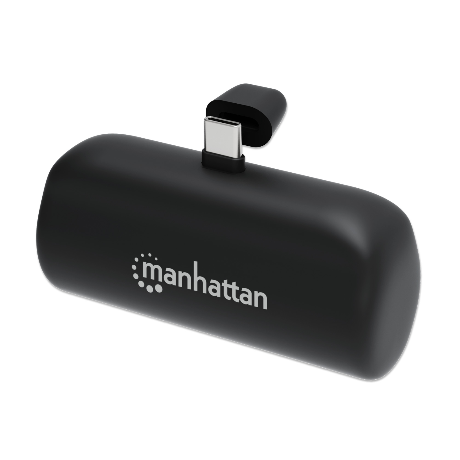 Manhattan Power Bank with integrated USB-C plug, 5000 mAh, Up to 20W output, Kickstand for Use as Charging Phone Holder, Black