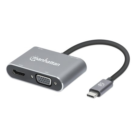 Manhattan USB-C Dock/Hub, Ports (x4): HDMI, USB-A, USB-C and VGA, With Power Delivery (87W) to USB-C Port (Note add USB-C wall charger and USB-C cable needed), All Ports can be used at the same time, Aluminium, Space Grey, Three Year Warranty, Retail Box