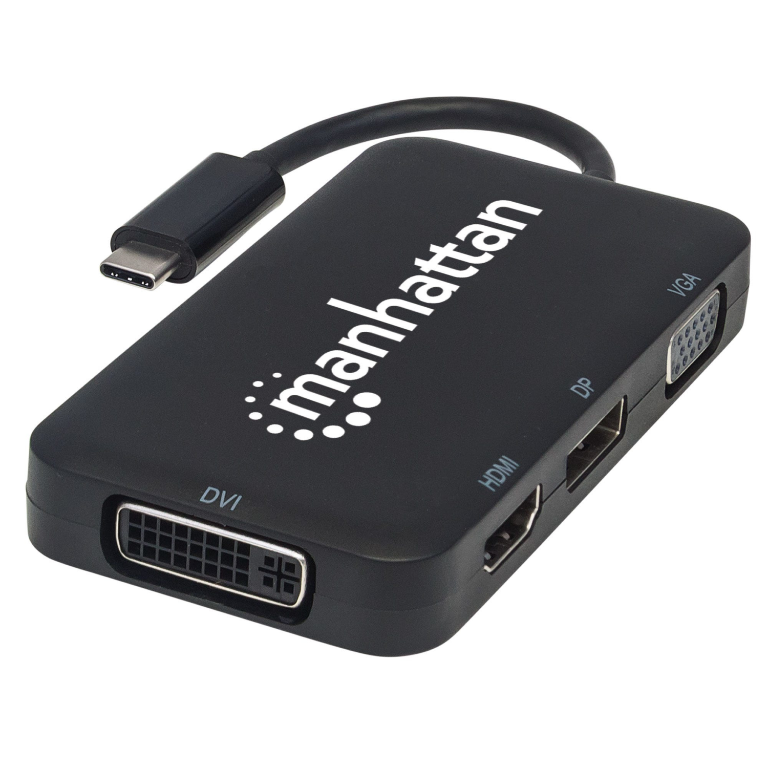 Manhattan USB-C Dock/Hub, Ports (x4): DisplayPort, DVI-I, HDMI or VGA, Note: Only One Port can be used at a time, External Power Supply Not Needed, Cable 8cm, Black, Three Year Warranty, Blister