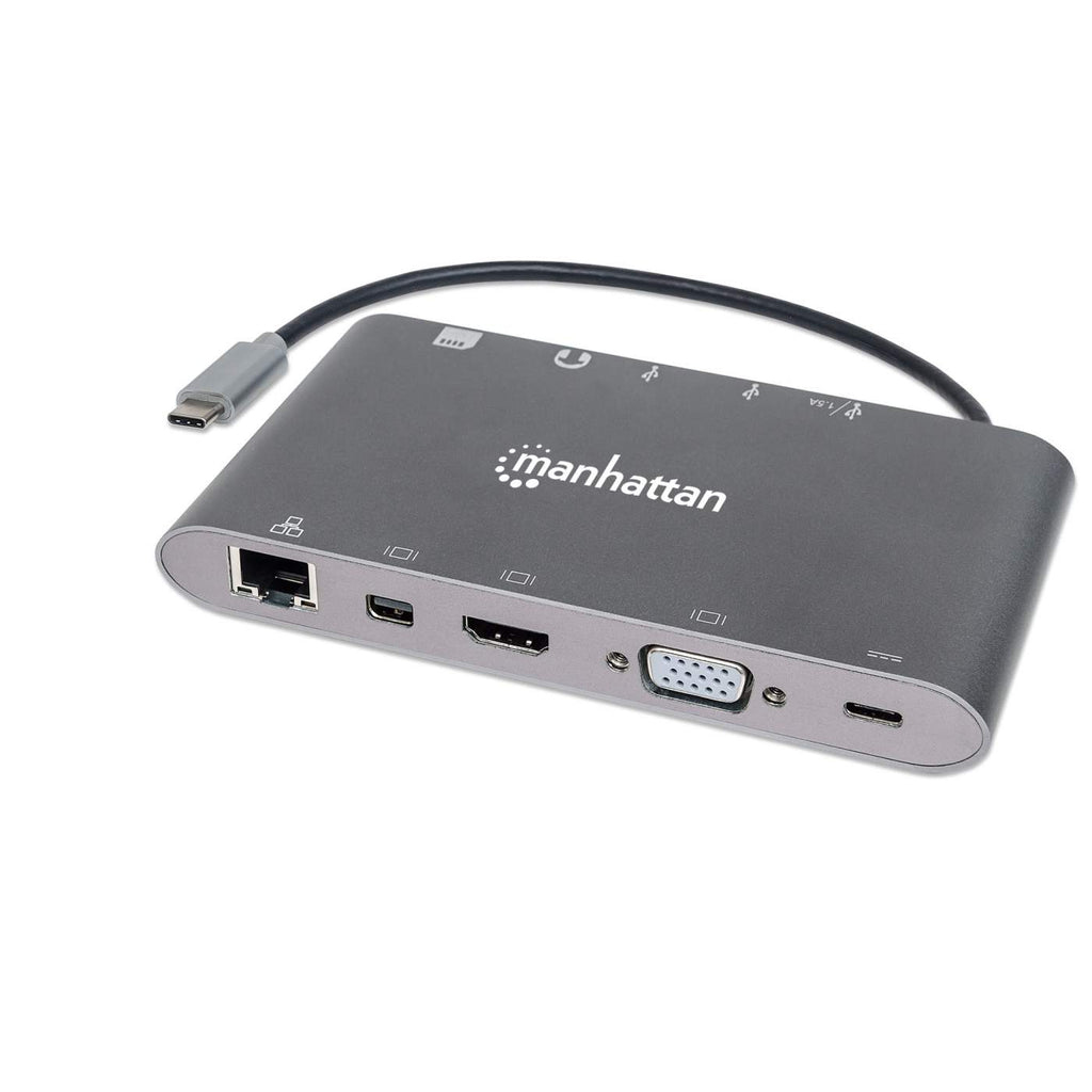 Manhattan USB-C Dock/Hub with Card Reader, Ports (x8): USB-C to HDMI, Audio 3.5mm, Ethernet, Mini DisplayPort, USB-A (x3) and USB-C, With Power Delivery (60W) to USB-C Port (Note add USB-C wall charger and USB-C cable needed), All Ports can be used at the