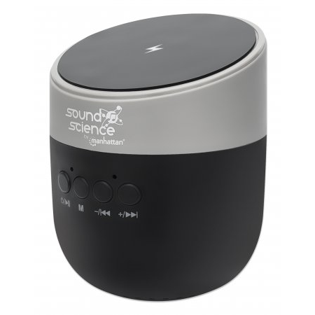 Manhattan Metallic Bluetooth Speaker with Wireless Charging Pad (Clearance Pricing), Decent Sound Output (3W), 3 hour Playback time, Wireless Pad 5W, Integrated Controls, Range 10m, microSD card reader, USB-A charging cable incl, Bluetooth 5.0, 3 Years Wa