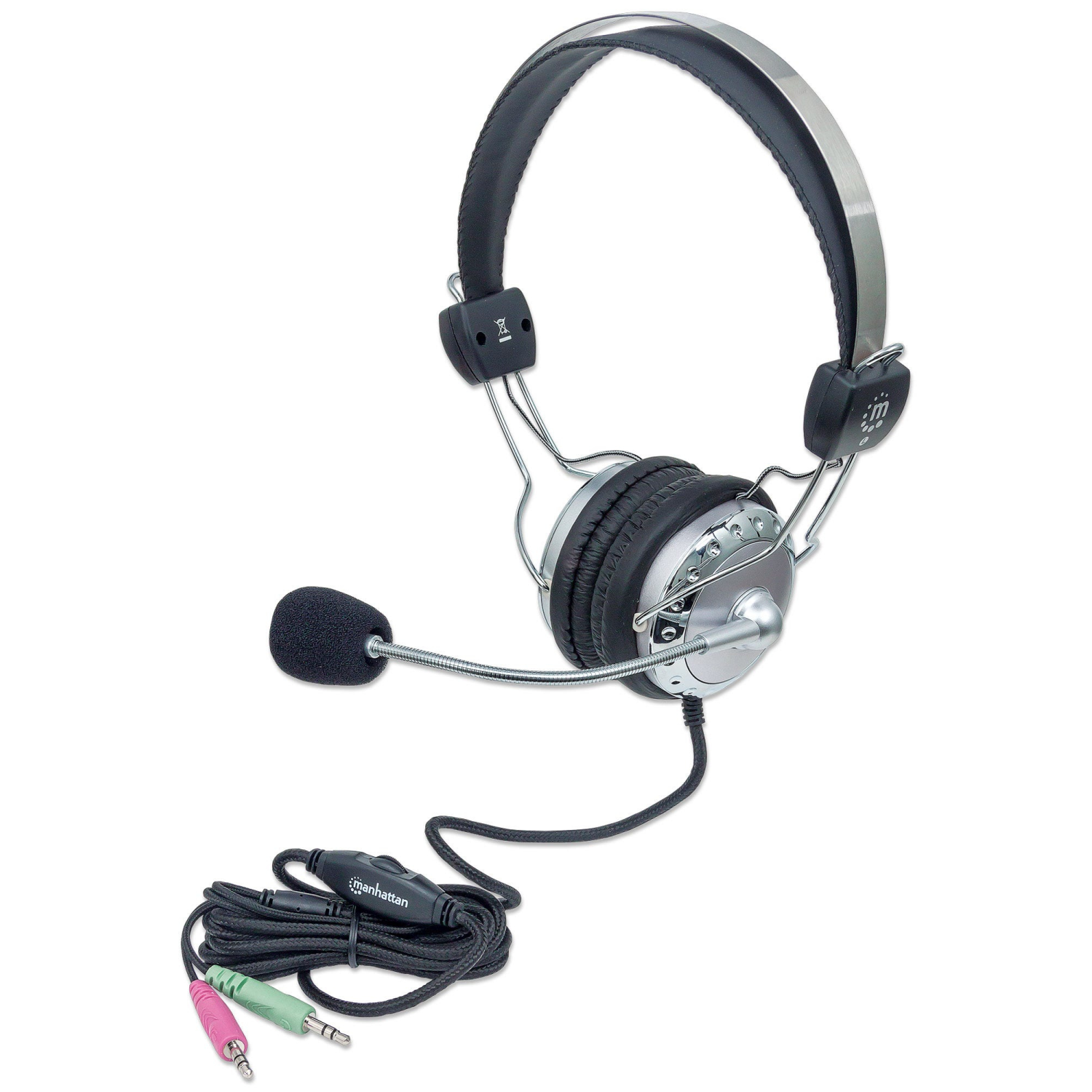 Manhattan Stereo Over-Ear Headset (3.5mm) (Clearance Pricing), Microphone Boom (padded), Adjustable Steel Headband, In-Line Volume Control, Ear Cushions, Std 2x 3.5mm stereo jack/plug for audio/mic use, cable 2.5m, 3 Year Warranty
