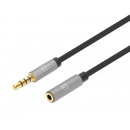 Manhattan Stereo Audio 3.5mm Extension Cable, 1m, Male/Female, Slim Design, Black/Silver, Premium with 24 karat gold plated contacts and pure oxygen-free copper (OFC) wire, Lifetime Warranty, Polybag