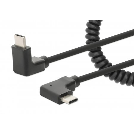 Manhattan USB-C to USB-C Cable, 1m, Male to Male, Black, 480 Mbps (USB 2.0), Tangle Resistant Curly Design, Angled Connectors, Ideal for Charging Cabinets/Carts, Power Delivery up to 60W, Hi-Speed USB, Lifetime Warranty, Polybag