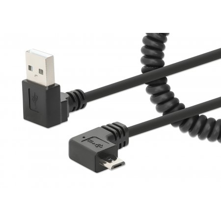 Manhattan USB-A to Micro-USB Cable, 1m, Male to Male, Black, 480 Mbps (USB 2.0), Tangle Resistant Curly Design, Angled Connectors, Ideal for Charging Cabinets/Carts, Hi-Speed USB, Lifetime Warranty, Polybag