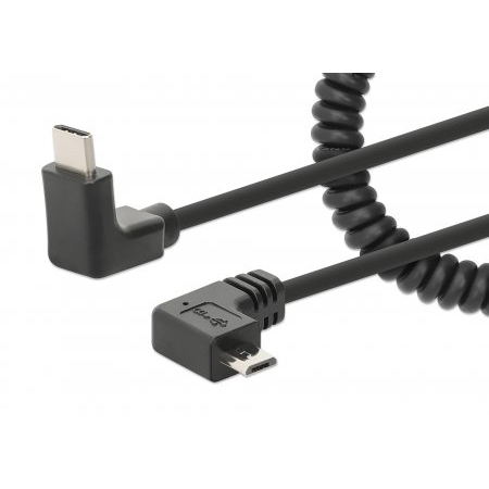 Manhattan USB-C to Micro-USB Cable, 1m, Male to Male, Black, 480 Mbps (USB 2.0), Tangle Resistant Curly Design, Angled Connectors, Ideal for Charging Cabinets/Carts, Hi-Speed USB, Lifetime Warranty, Polybag