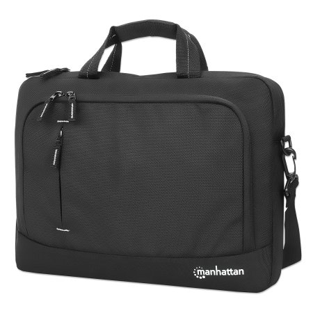 Manhattan Helsinki Eco Friendly Laptop Bag 14.1", Top Loader, Black, Padded Notebook Compartment, Front and Multiple Interior Pockets, Padded Handle, Trolley Strap, Recycled Materials, Black, Shoulder Strap (removable), Notebook Case, Three Year Warranty