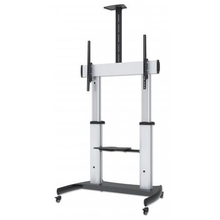 Manhattan TV & Monitor Mount, Trolley Stand, 1 screen, Screen Sizes: 60-100", Silver/Black, VESA 200x200 to 800x600mm, Max 100kg, Height adjustable 1200 to 1685mm, Camera and AV shelves, Aluminium, LFD, Lifetime Warranty