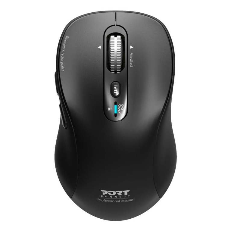 Port Designs Port Connect Rechargeable Expert 6 button Bluetooth Mouse. Ambidextrous design includes horizontal scrolling adjustable speed optical sensor 1000/1600/2400/3200 DPI; built-in rechargeable battery; Type-C charge cable.