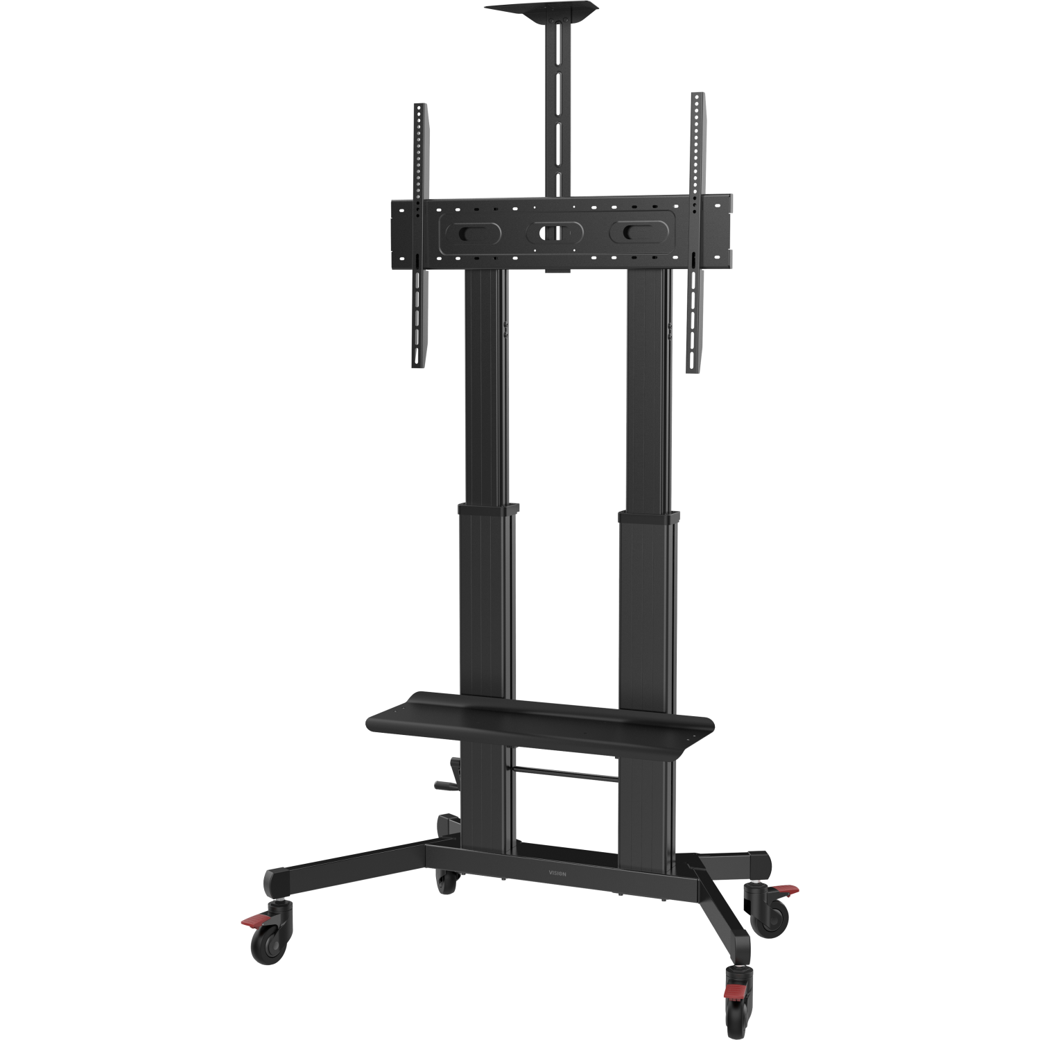 Vision Premium Display Floor Stand - LIFETIME WARRANTY - Aluminium Cart fits display 55-100" with VESA sizes up to 800 x 600 - Crank handle adjusts height - Tilt adjustment - Large shelf for laptop or video bar included - VC shelf included - 100 mm premiu